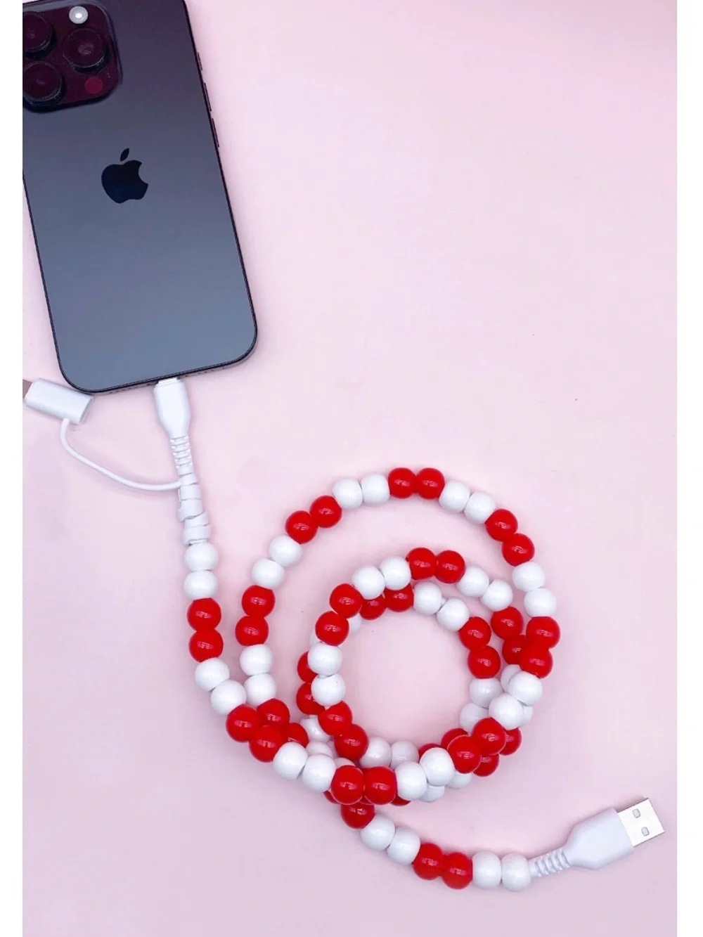 Charging Cable with Red & White Beaded Wrap - USB-A to Dual USB-C/Lightning